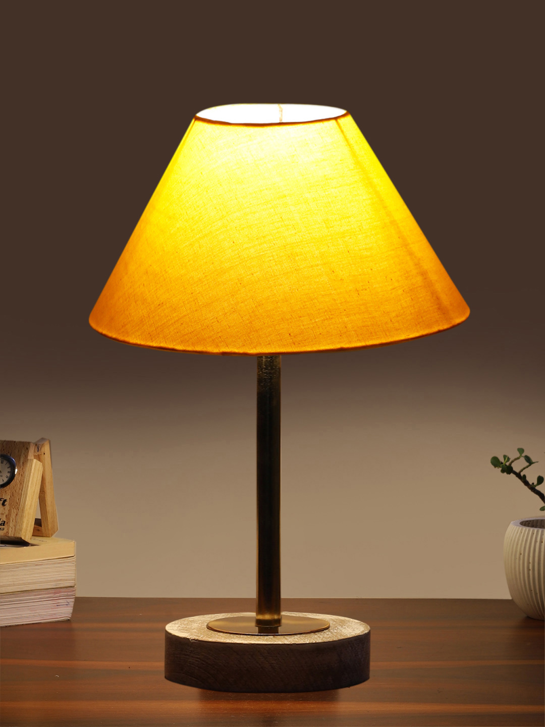 Ambika Home Luxury Premium Devansh Yellow cotton table lamp with White Brushed Wood Base & Steel Pipe (10X16.25 inches)-31 Lamp with Yellow Shade for Living Room, Bedroom & Hallway - Image 3