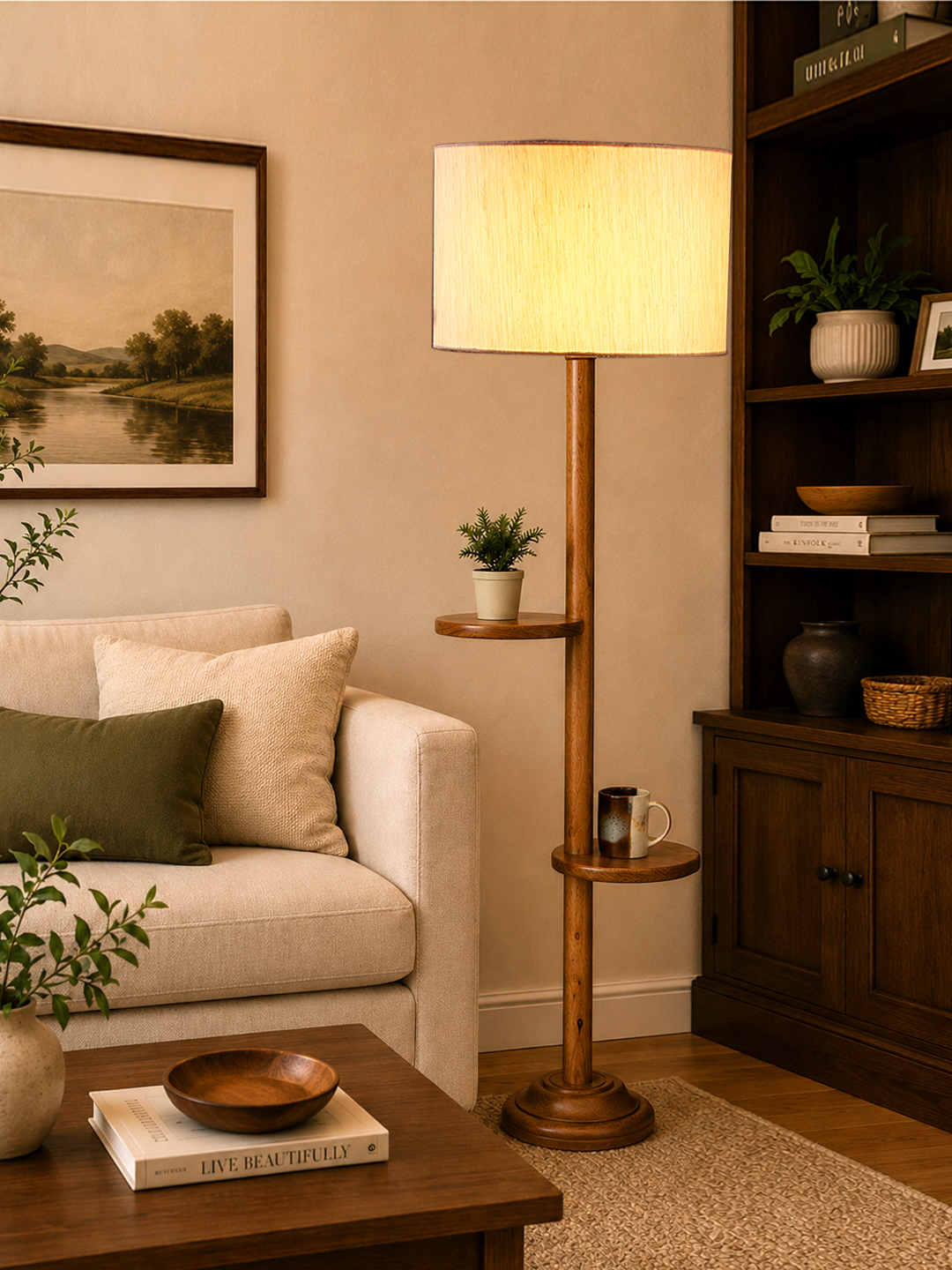 Ambika Home off-white cotton Drum shade with Double Shelf floor Lamp Modern Floor Lamp | Off-white Cotton Shade, Wood Base | Luxury Living Room, Bedroom & Home Decor Lighting - Image 3