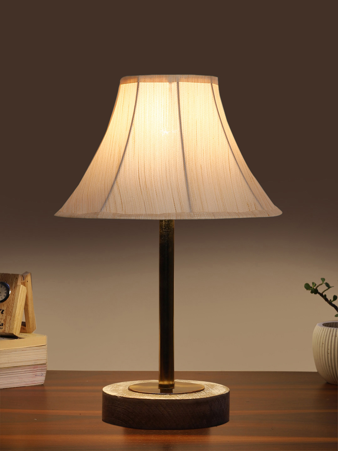 Ambika Home Luxury Premium Devansh Off-white cotton Vintage lamp with White Brushed Wood Base & Steel Pipe (12x17.75) Lamp with off-white Shade for Living Room, Bedroom & Hallway - Image 3