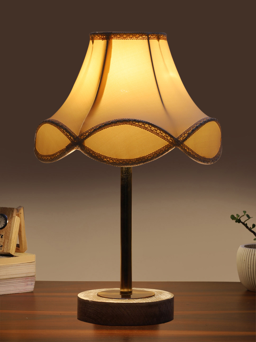 Ambika Home Luxury Premium Devansh Off-white cotton Vintage lamp with White Brushed Wood Base & Steel Pipe (12x19.25) Lamp with off-white Shade for Living Room, Bedroom & Hallway - Image 3
