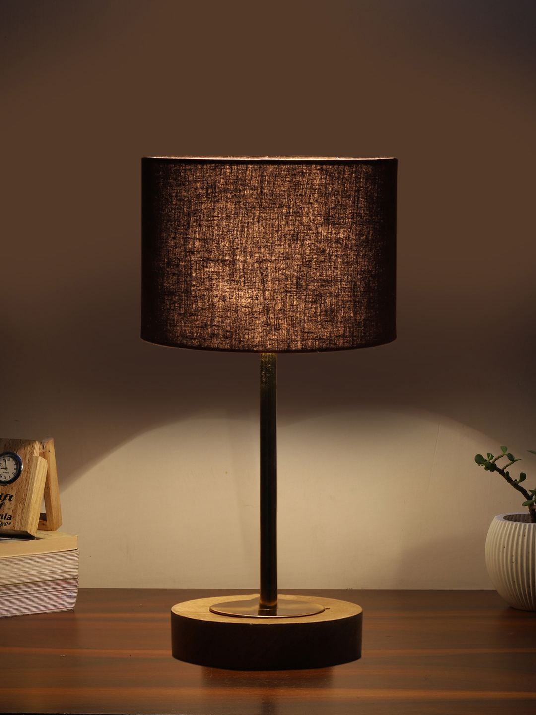 Ambika Home Luxury Premium Devansh Black cotton table lamp with Natural Wood Base & Golden Pipe (7X17 inches)-3 Lamp with Black Shade for Living Room, Bedroom & Hallway - Image 3