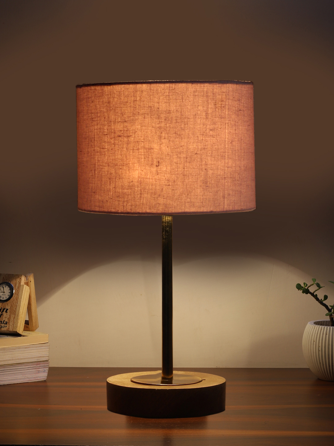 Ambika Home Luxury Premium Devansh Grey cotton table lamp with Natural Wood Base & Golden Pipe (7X17 inches)-7 Lamp with Grey Shade for Living Room, Bedroom & Hallway - Image 3