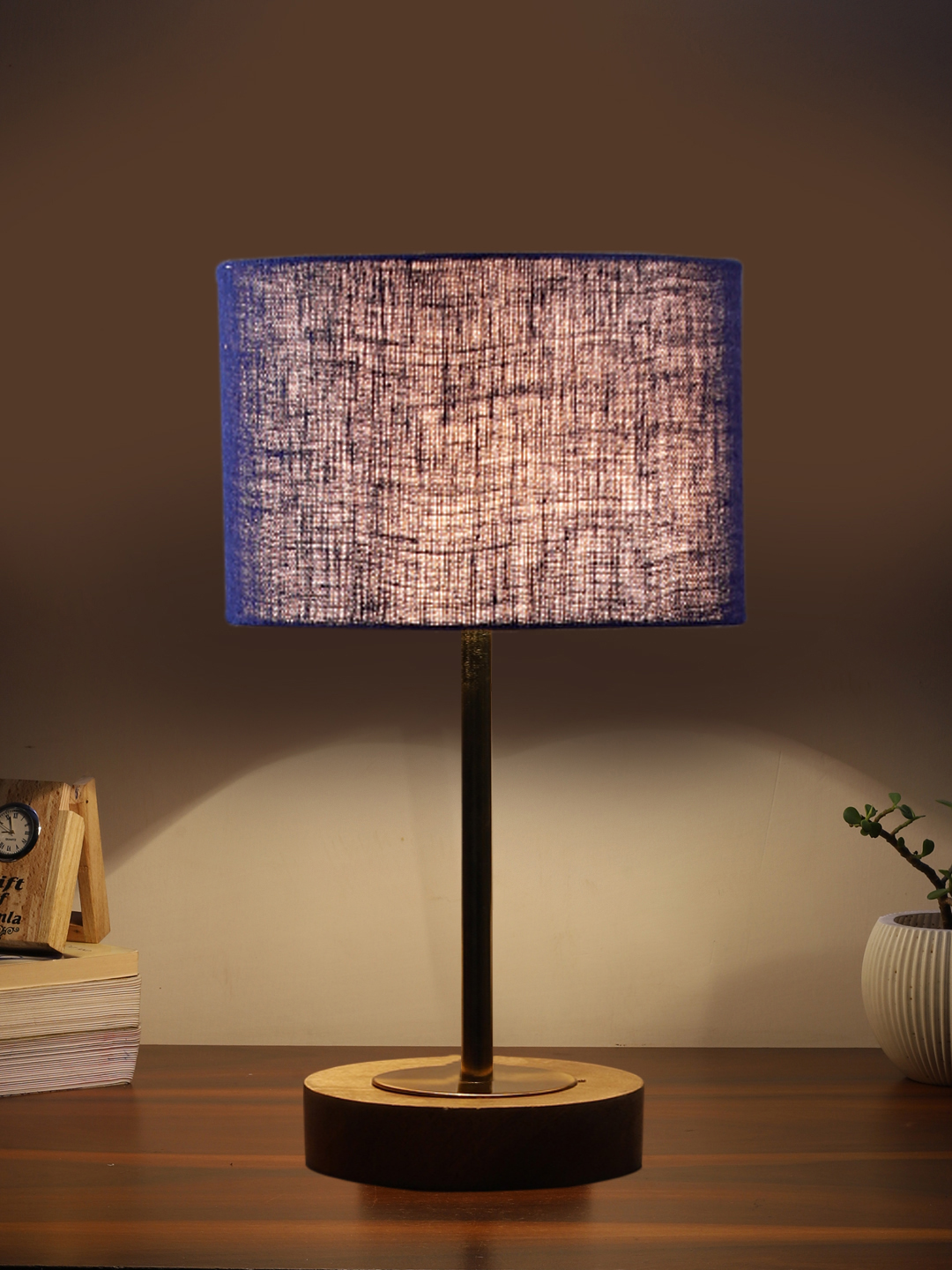Ambika Home Luxury Premium Devansh Blue Jute table lamp with Natural Wood Base & Golden Pipe (7X17 inches)-13 Lamp with Blue Shade for Living Room, Bedroom & Hallway - Image 3