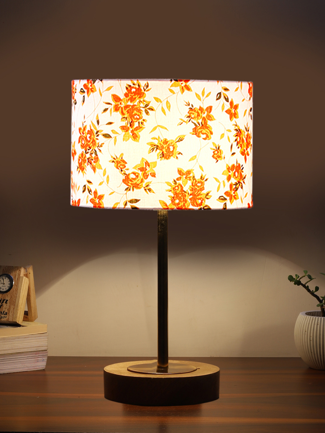Ambika Home Luxury Premium Devansh Multicolor cotton table lamp with Natural Wood Base & Golden Pipe (7X17 inches)-14 Lamp with Multicolor Shade for Living Room, Bedroom & Hallway - Image 3