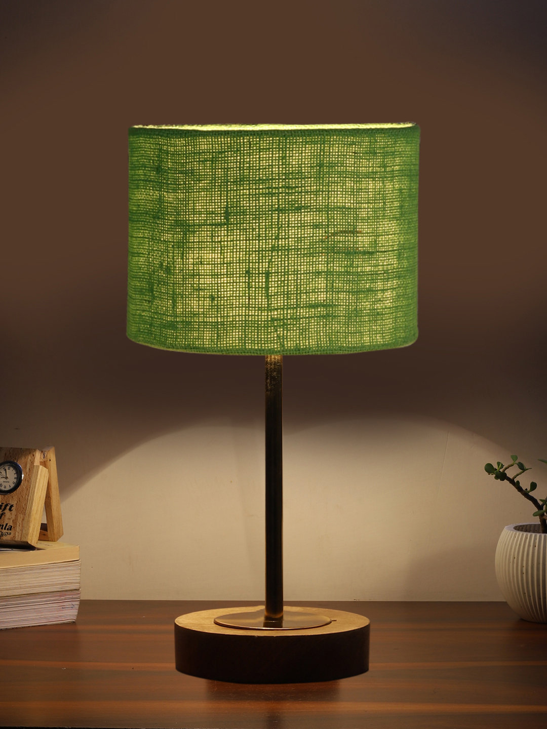 Ambika Home Luxury Premium Devansh Green Jute table lamp with Natural Wood Base & Golden Pipe (7X17 inches)-17 Lamp with Green Shade for Living Room, Bedroom & Hallway - Image 3