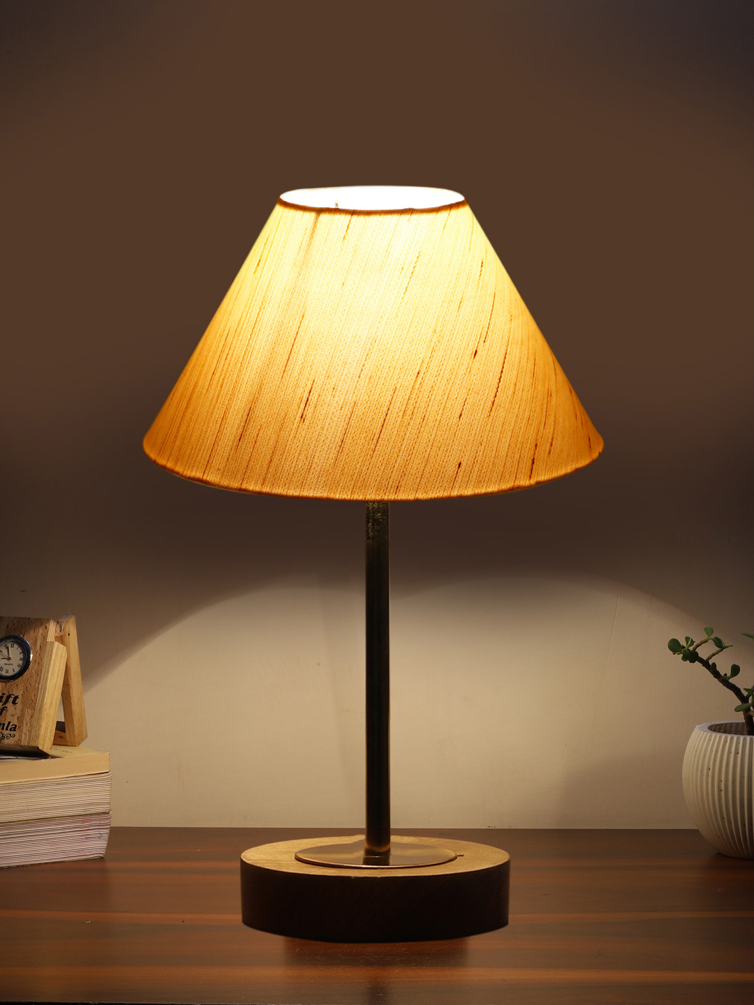 Ambika Home Luxury Premium Devansh off white cotton table lamp with Natural Wood Base & Golden Pipe (10X16.25 inches)-27 Lamp with off-white Shade for Living Room, Bedroom & Hallway - Image 3