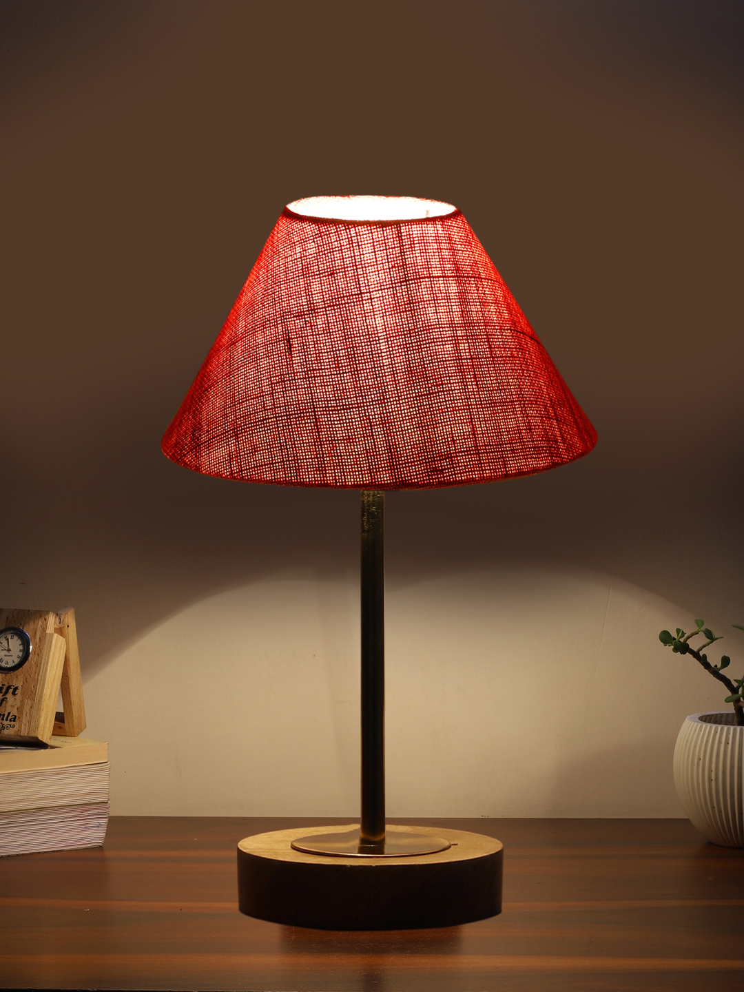 Ambika Home Luxury Premium Devansh Pink Jute table lamp with Natural Wood Base & Golden Pipe (10X16.25 inches)-35 Lamp with Pink Shade for Living Room, Bedroom & Hallway - Image 3