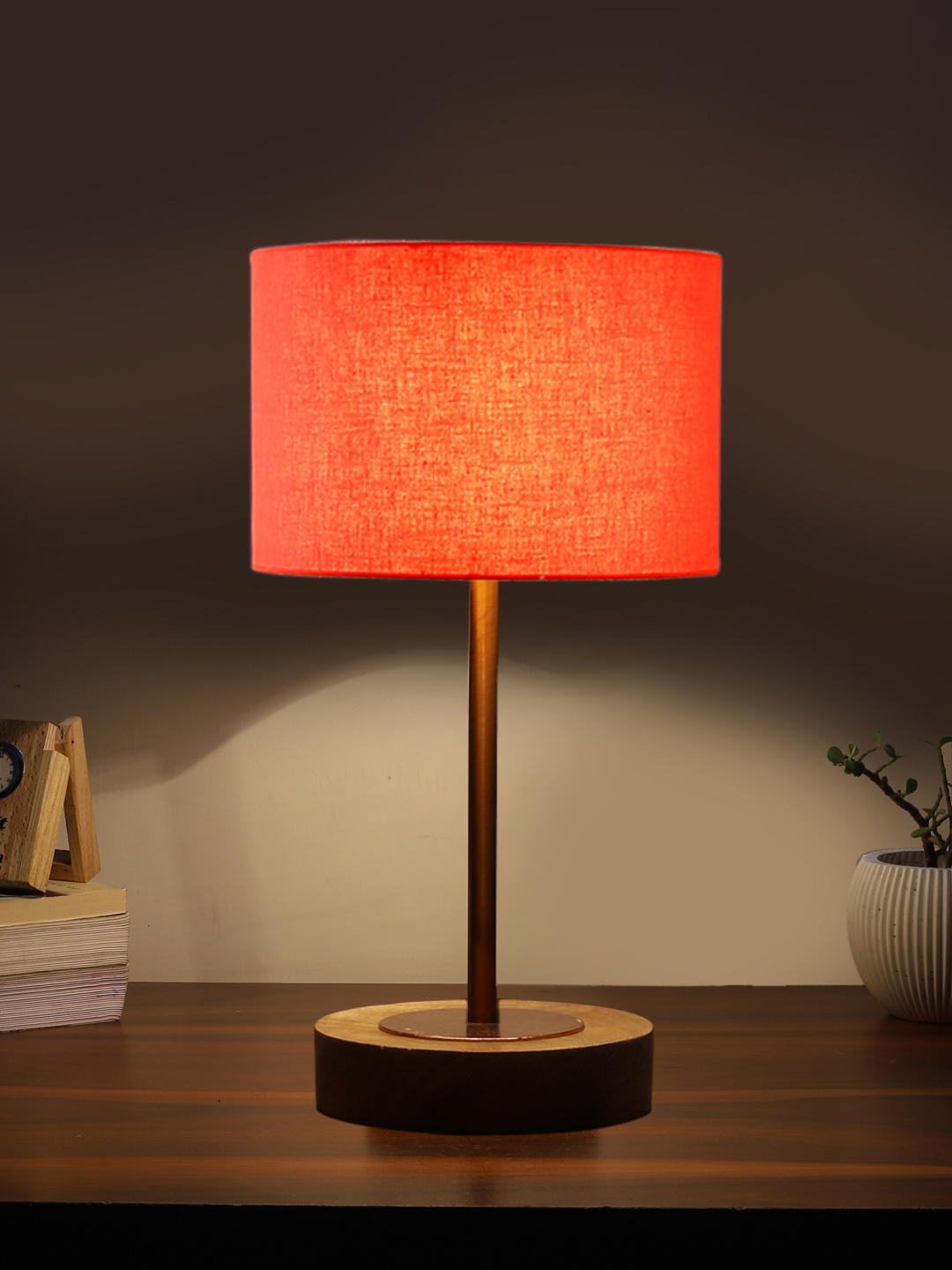 Ambika Home Luxury Premium Devansh Orange cotton table lamp with Natural Wood Base & Copper Pipe (7X17 inches)-5 Lamp with Orange Shade for Living Room, Bedroom & Hallway - Image 3