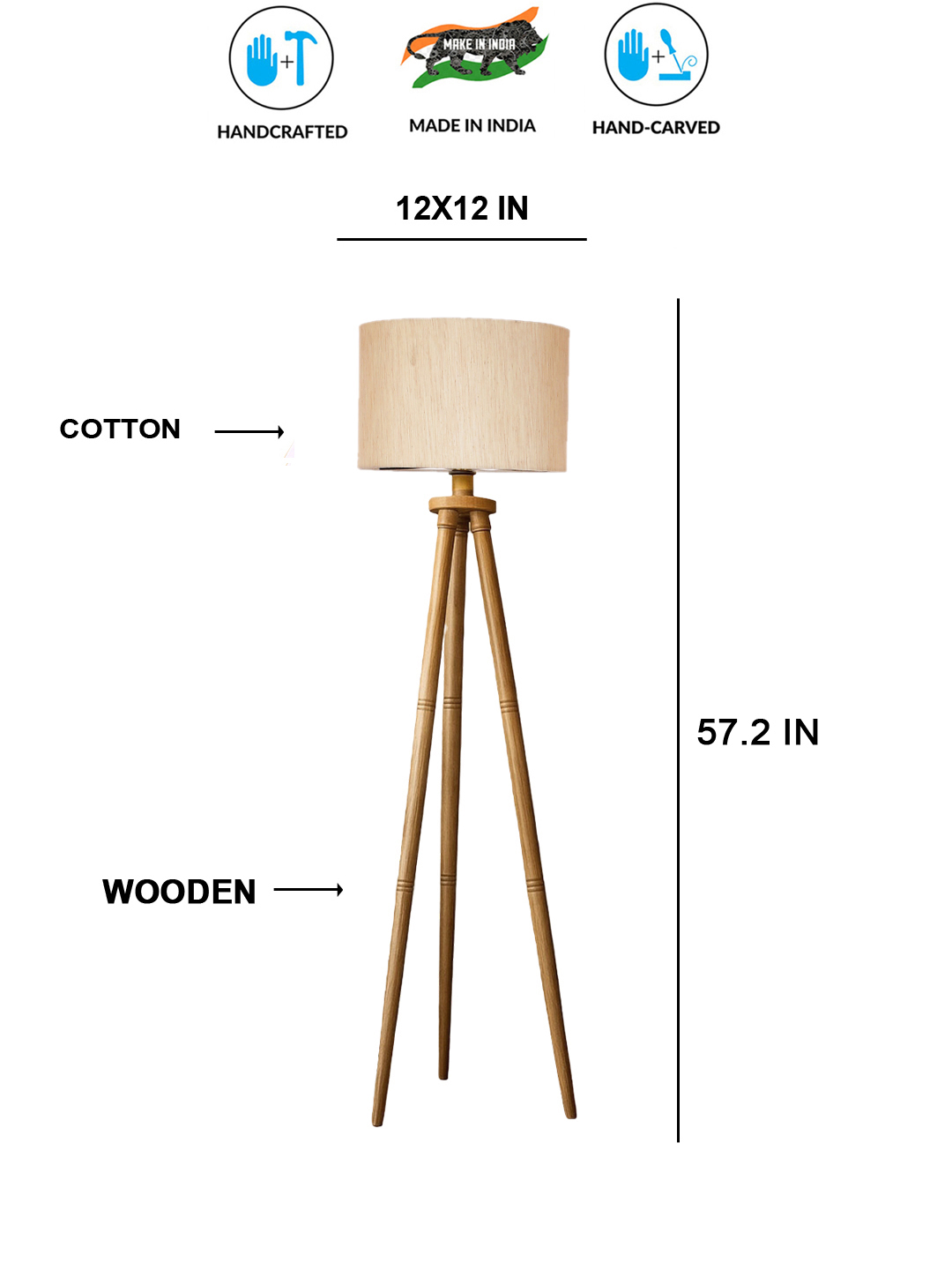 Ambika Home Off-white Shade Wooden Natural Tripod Floor Lamp for Living Room, Bedroom & Hotel Decor | E27 Holder Included Bulb - Image 5