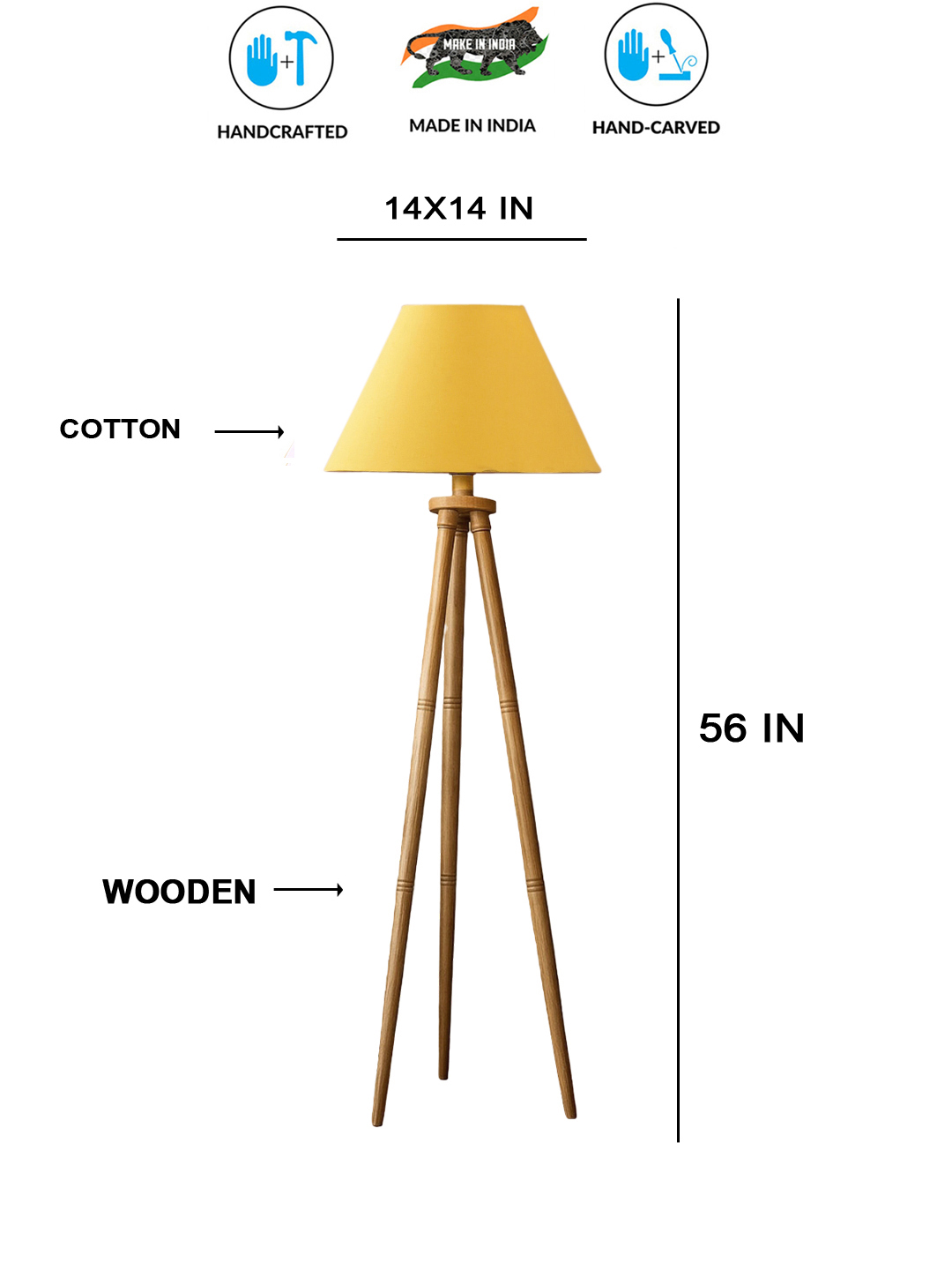 Yellow Cotton Conical Shade Wooden Tripod Floor Lamp for Living Room, Bedroom & Hotel Decor | Modern Standing Lamp with Natural Wood Base, E27 Holder, Ambient Lighting & Premium Home Decor - Image 5