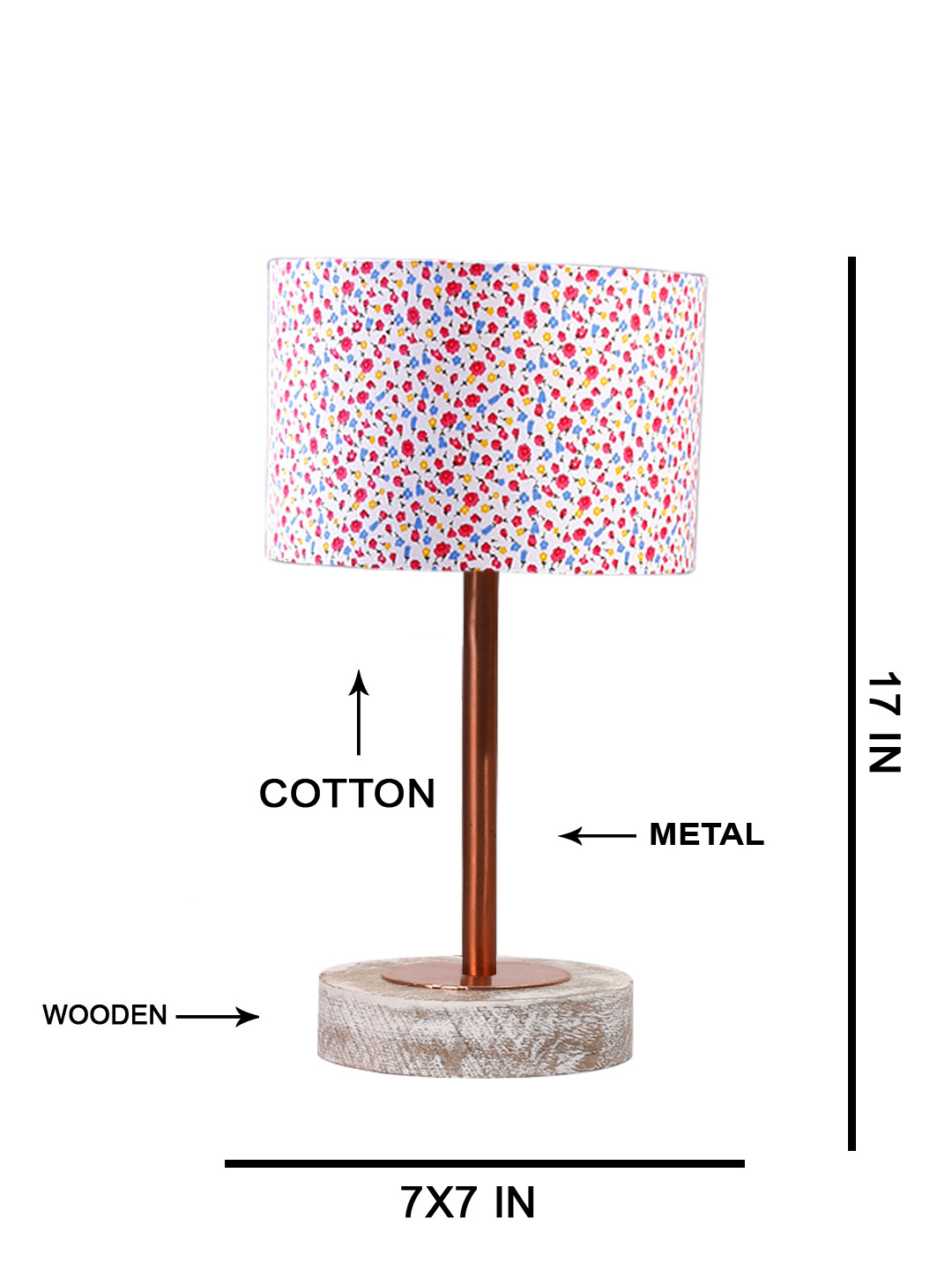 Ambika Home Luxury Premium Devansh Multicolor cotton table lamp with White Brushed Wood Base & Copper finish Metal (7X17 inches)-16 Lamp with Multicolor Shade for Living Room, Bedroom & Hallway - Image 5