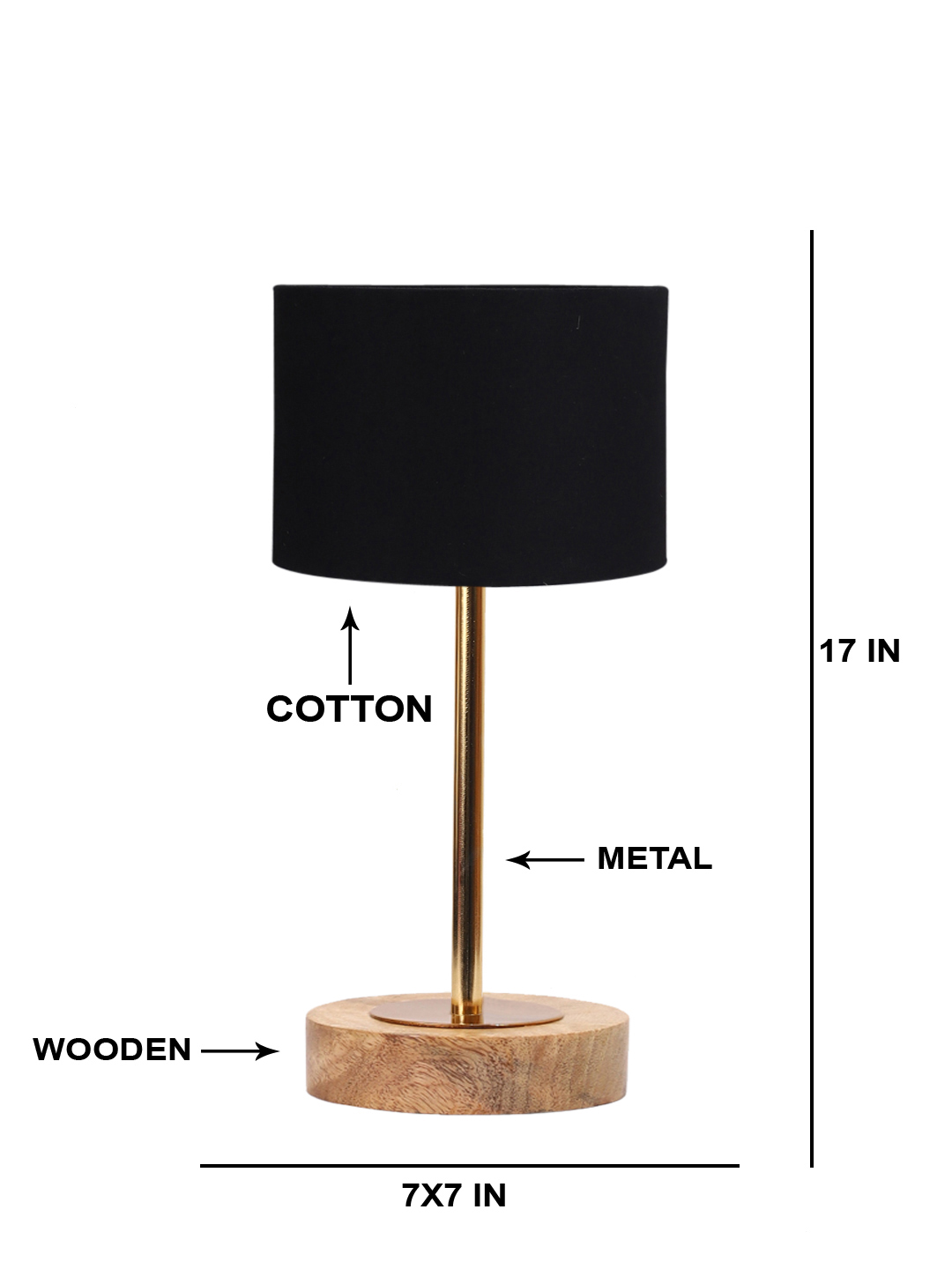 Ambika Home Luxury Premium Devansh Black cotton table lamp with Natural Wood Base & Golden Pipe (7X17 inches)-3 Lamp with Black Shade for Living Room, Bedroom & Hallway - Image 5