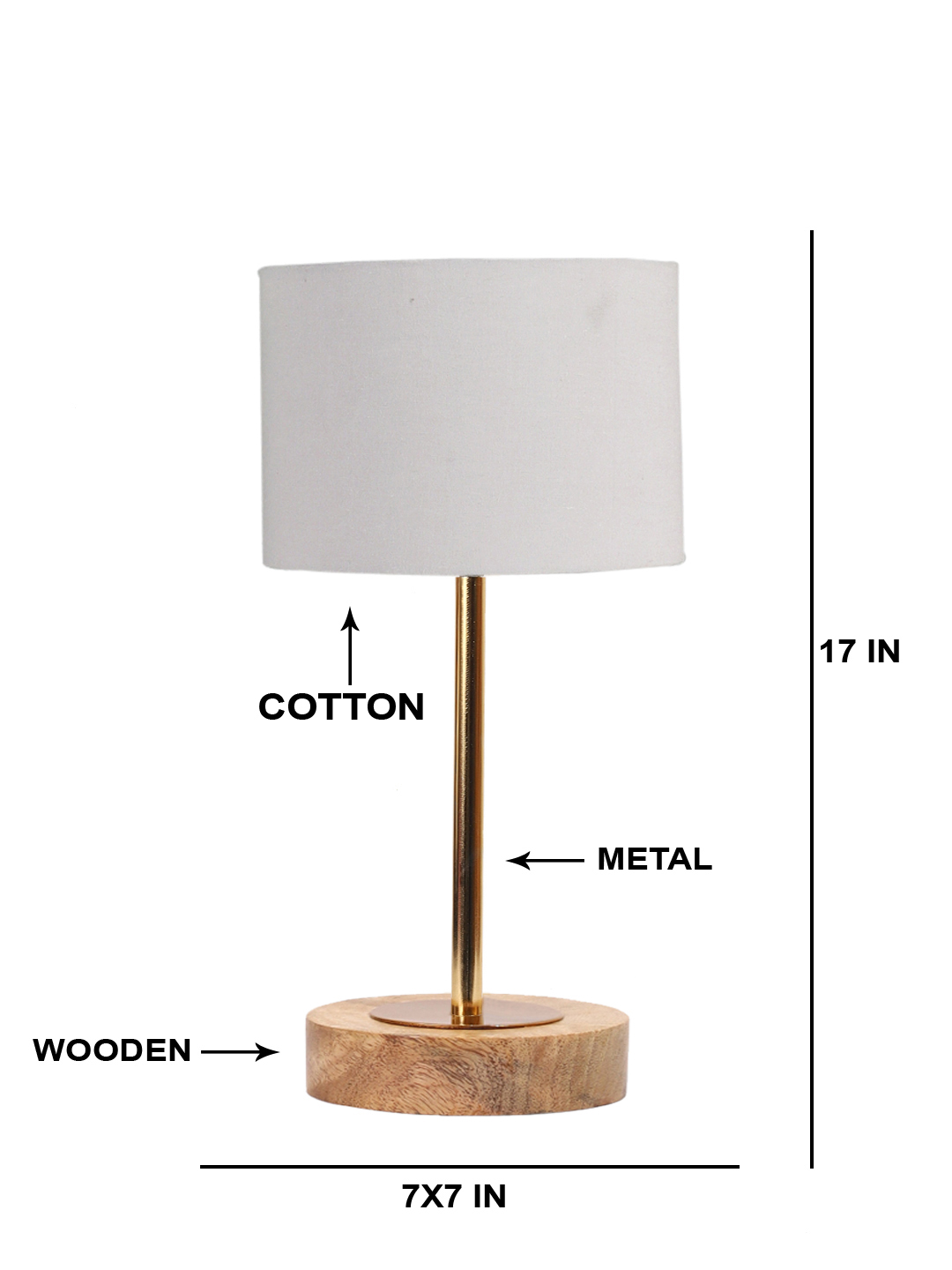 Ambika Home Luxury Premium Devansh Grey cotton table lamp with Natural Wood Base & Golden Pipe (7X17 inches)-7 Lamp with Grey Shade for Living Room, Bedroom & Hallway - Image 5