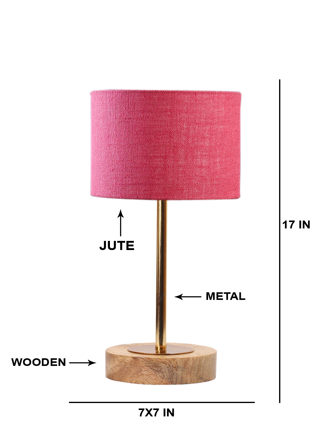 Ambika Home Luxury Premium Devansh Pink Jute table lamp with Natural Wood Base & Golden Pipe (7X17 inches)-11 Lamp with Pink Shade for Living Room, Bedroom & Hallway - Image 5