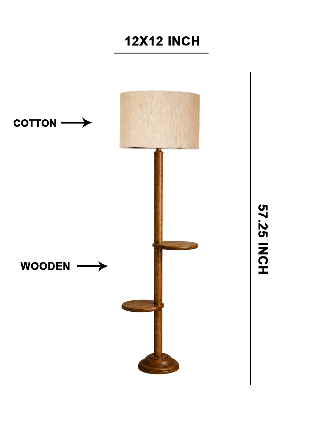Ambika Home off-white cotton Drum shade with Double Shelf floor Lamp Modern Floor Lamp | Off-white Cotton Shade, Wood Base | Luxury Living Room, Bedroom & Home Decor Lighting - Image 5