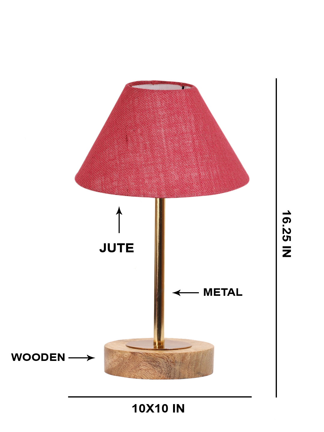 Ambika Home Luxury Premium Devansh Pink Jute table lamp with Natural Wood Base & Golden Pipe (10X16.25 inches)-35 Lamp with Pink Shade for Living Room, Bedroom & Hallway - Image 5