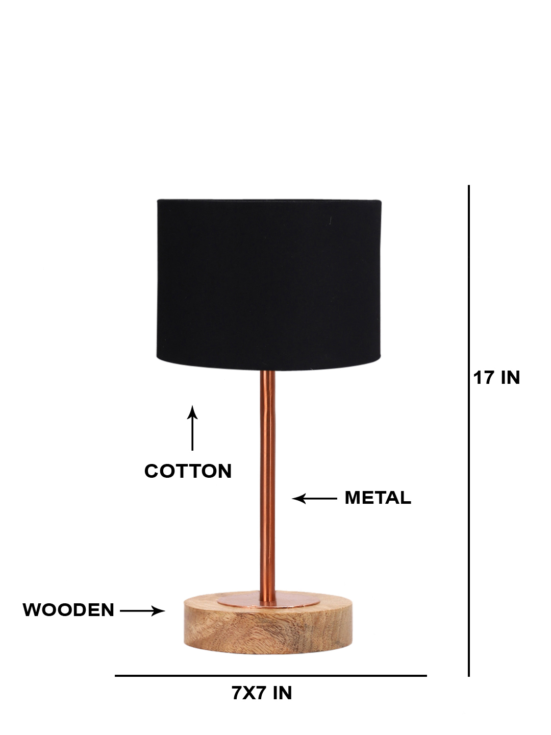 Ambika Home Luxury Premium Devansh Black cotton table lamp with Natural Wood Base & Copper Pipe (7X17 inches)-3 Lamp with Black Shade for Living Room, Bedroom & Hallway - Image 5