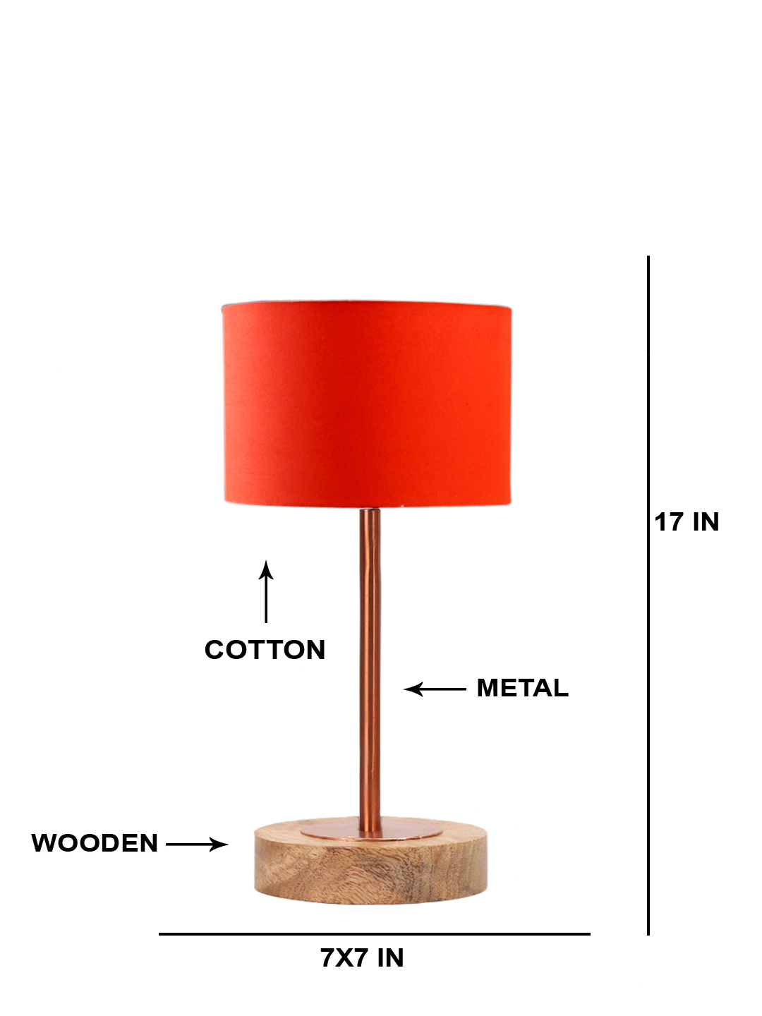 Ambika Home Luxury Premium Devansh Orange cotton table lamp with Natural Wood Base & Copper Pipe (7X17 inches)-5 Lamp with Orange Shade for Living Room, Bedroom & Hallway - Image 5