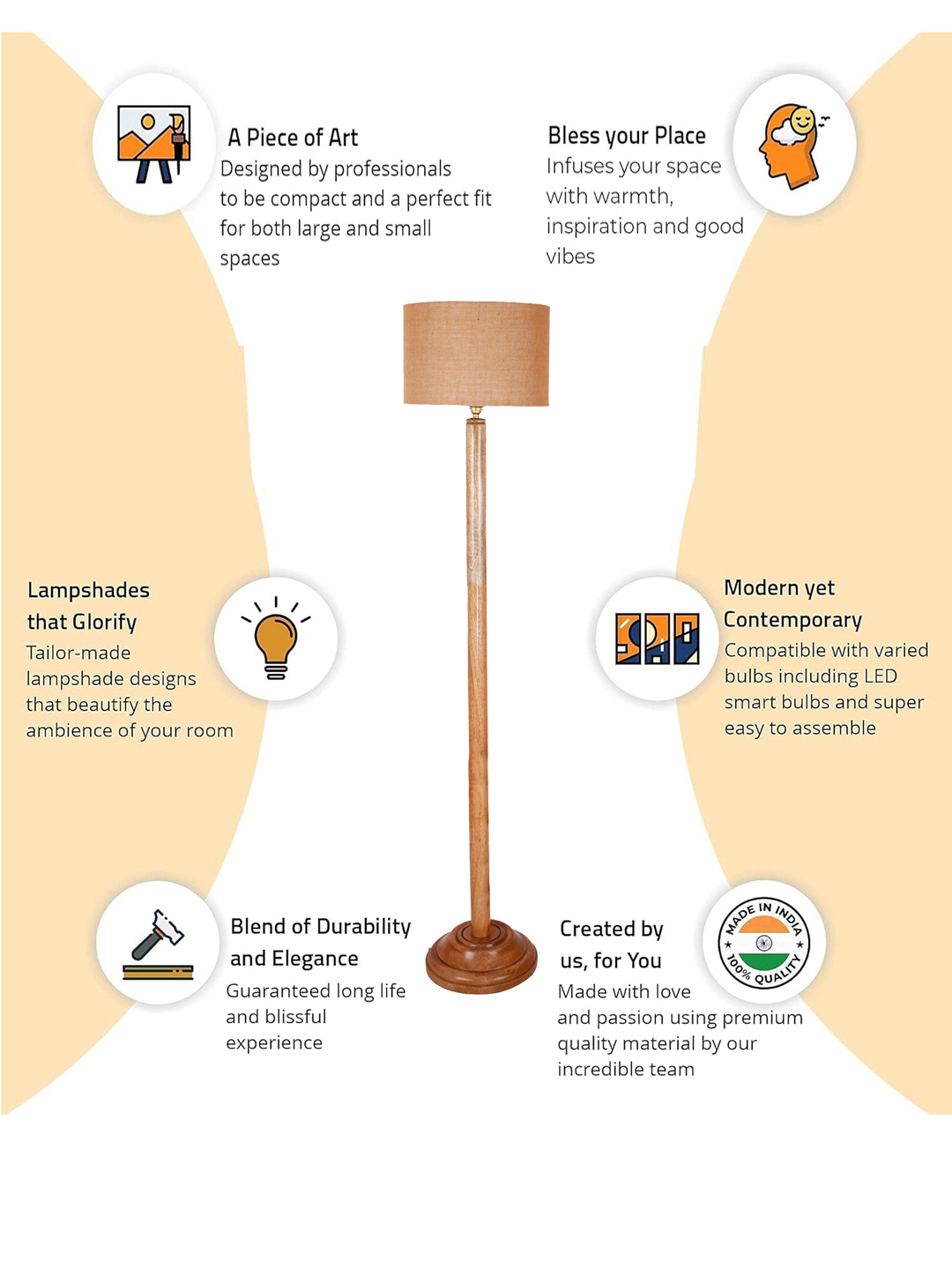 Ambika Home Beige Shade Wooden Floor Lamp for Living Room, Bedroom & Hallway | Premium Wood Standing Lamp | E27 Holder Included Bulb - Image 6