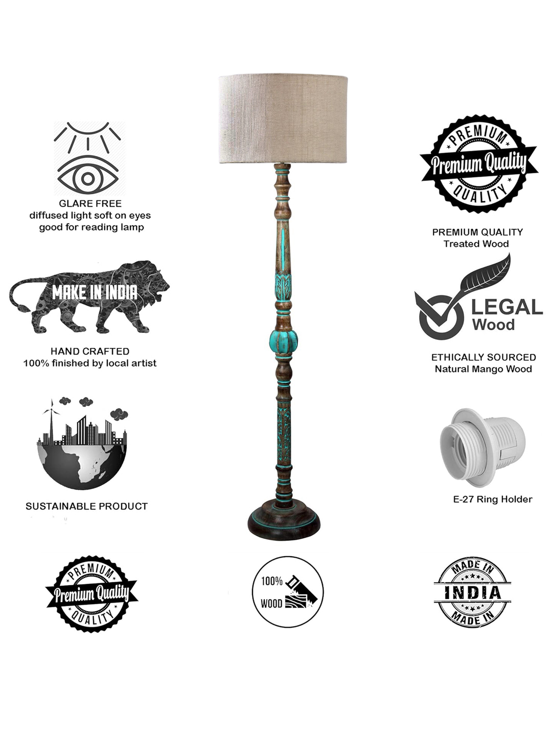 Ambika Home White Shade Wooden Floor Lamp for Living Room, Bedroom & Hallway | Modern Wood Standing Lamp | B22 Holder | Hotel & Guest Room Decor - Image 8