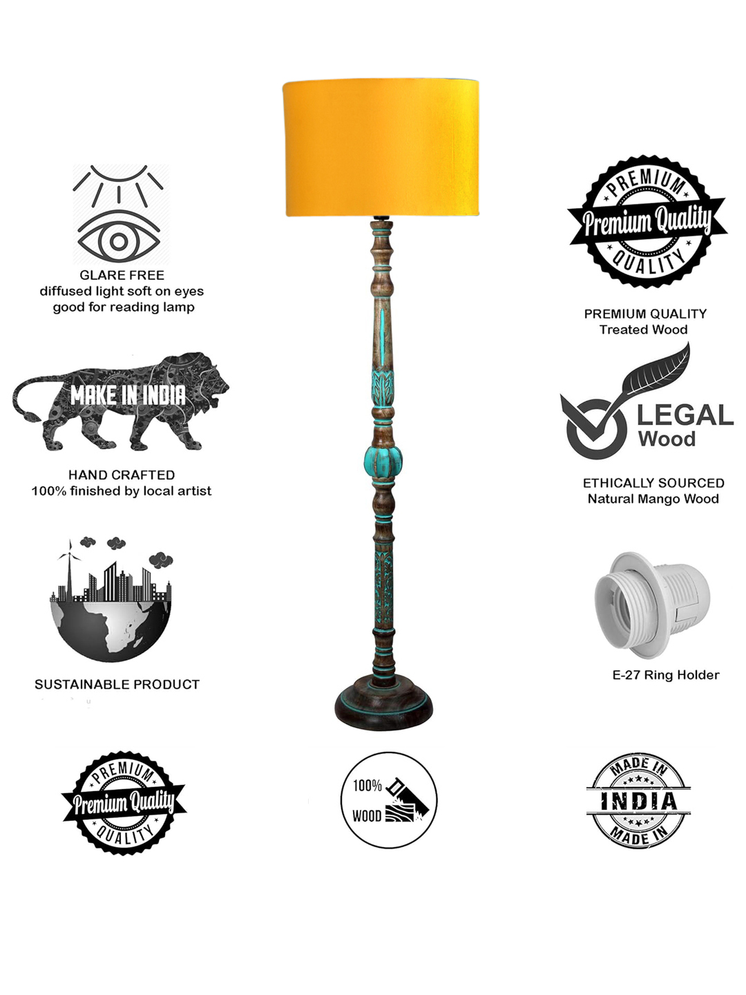 Ambika Home YELLOW Shade Wooden Floor Lamp for Living Room, Bedroom & Hallway | Modern Wood Standing Lamp | B22 Holder | Hotel & Guest Room Decor - Image 8