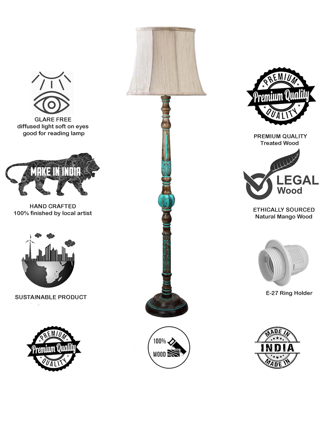 Ambika Home Off-white Shade Wooden Floor Lamp for Living Room, Bedroom & Hallway | Modern Wood Standing Lamp | B22 Holder | Hotel & Guest Room Decor - Image 8