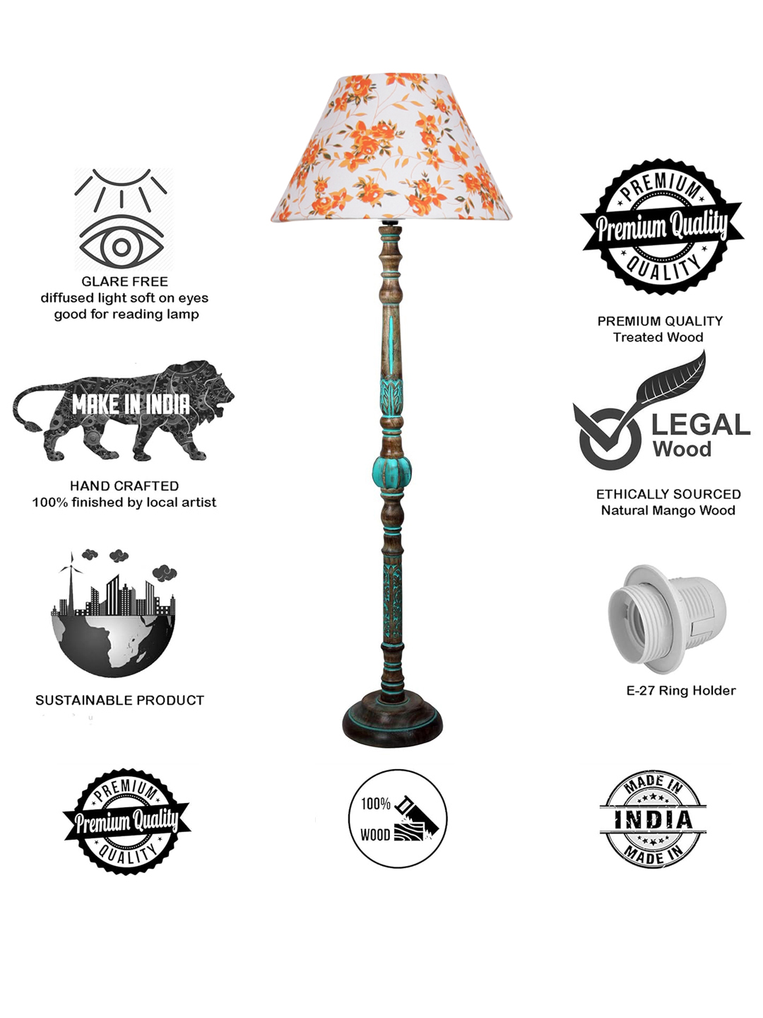 Ambika Home MULTI Shade Wooden Floor Lamp for Living Room, Bedroom & Hallway | Modern Wood Standing Lamp | B22 Holder | Hotel & Guest Room Decor - Image 8