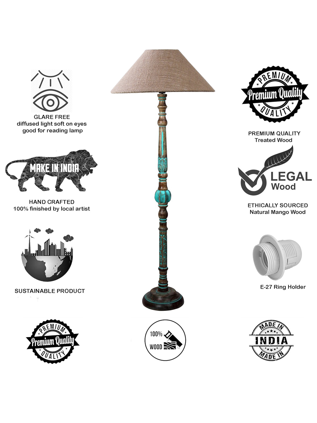 Ambika Home BEIGE Shade Wooden Floor Lamp for Living Room, Bedroom & Hallway | Modern Wood Standing Lamp | B22 Holder | Hotel & Guest Room Decor - Image 8