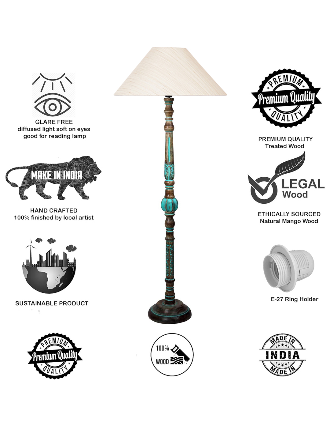Ambika Home OFF-WHITE Shade Wooden Floor Lamp for Living Room, Bedroom & Hallway | Modern Wood Standing Lamp | B22 Holder | Hotel & Guest Room Decor - Image 8