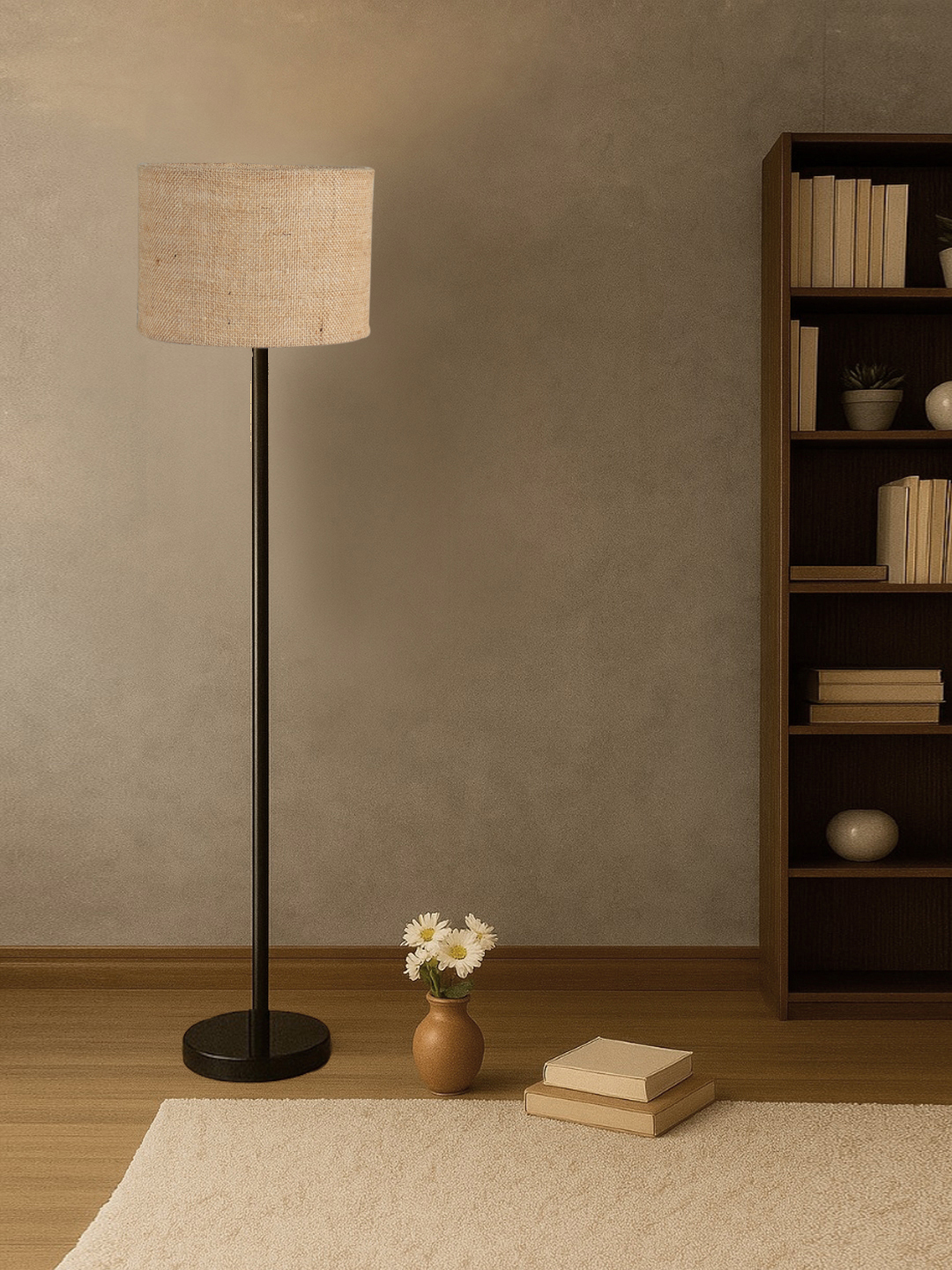 Ambika Home Beige Jute Drum shade with floor lamp with wood base Decorative Floor Lamp for Living Room, Bedroom & Office - Image 2