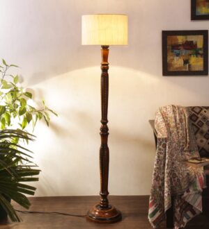 Ambika Home Premium Solid Wood Off-White Cotton Floor Lamp for Elegant Living Room & Bedroom | Handcrafted Wood Floor Lamp with Off-white Cotton Shade for Living Room, Bedroom & Home Decor