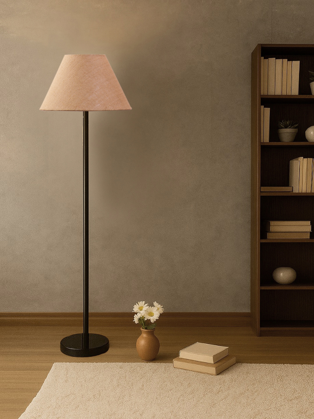 Ambika Home Beige Jute Conical shade with floor lamp with wood base Decorative Floor Lamp for Living Room, Bedroom & Office