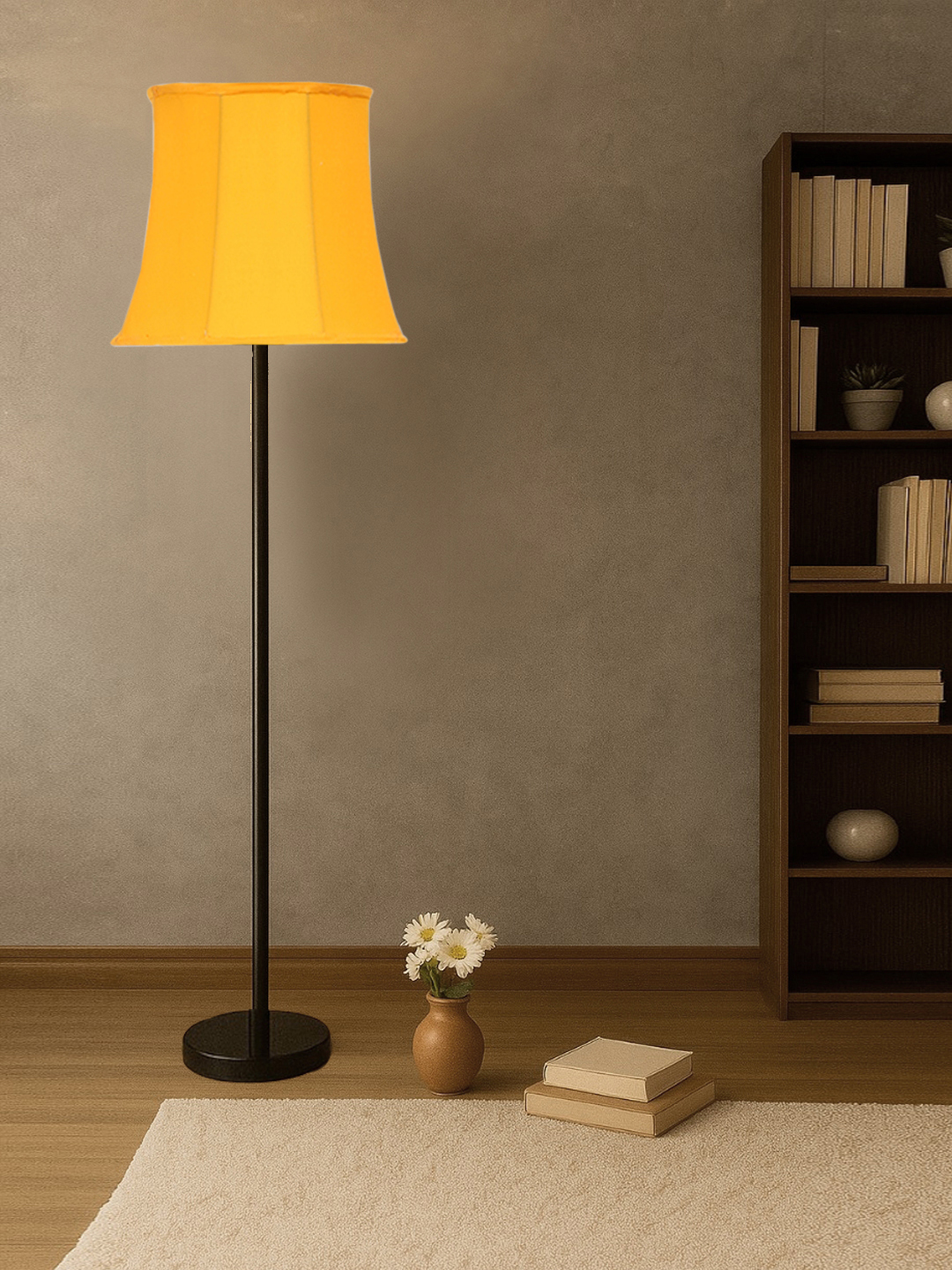 Ambika Home Soft back Yellow cotton shade with Wood Base Decorative Floor Lamp for Living Room, Bedroom & Office