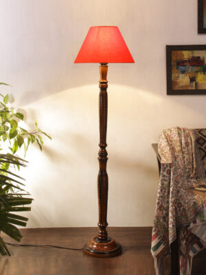 Ambika Home Conical Designer Orange Cotton Premium Wooden Floor Lamp for Living Room & Bedroom | Handcrafted Wood Floor Lamp with Orange Cotton Shade for Living Room, Bedroom & Home Decor