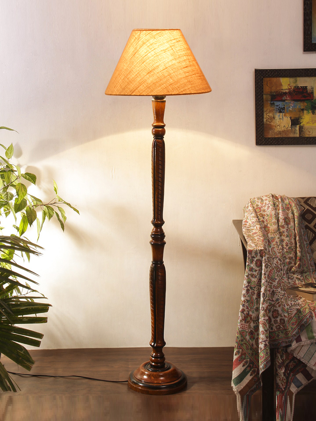 Ambika Home Conical Luxury Beige Jute Handcrafted Wooden Floor Lamp for Home Décor | Handcrafted Wood Floor Lamp with Beige Jute Shade for Living Room, Bedroom & Home Decor - Image 2