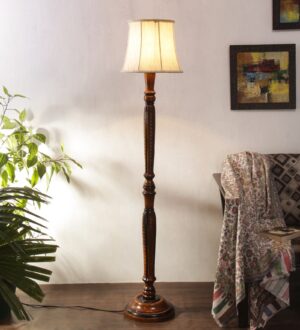 Ambika Home Premium Solid Wood  Cylindrical Off-white  Cotton  Floor Lamp for Elegant Living Room & Bedroom | Handcrafted Wood Floor Lamp with Off-white Cotton Shade for Living Room, Bedroom & Home Decor