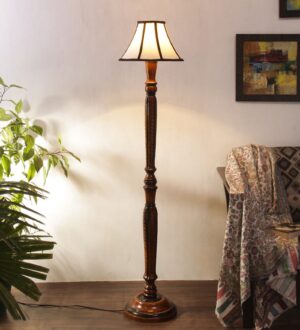 Ambika Home Elegant Multicolor Cotton  Handcrafted Wooden Floor Lamp for Bedroom & Living Room | Handcrafted Wood Floor Lamp with Multi Cotton Shade for Living Room, Bedroom & Home Decor