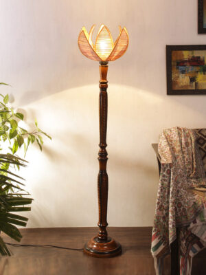 Ambika Home Luxury Cross Rose Bamaboo  Handcrafted Wooden Floor Lamp for Home Décor | Handcrafted Wood Floor Lamp with Beige Bamboo Shade for Living Room, Bedroom & Home Decor