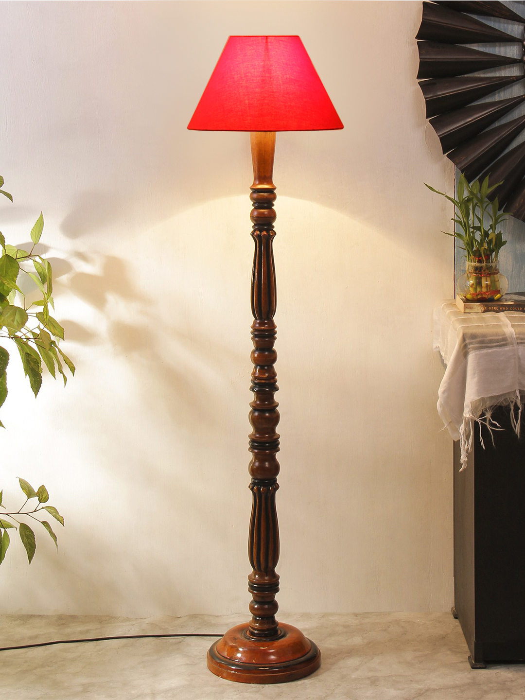 Ambika Home Conical Elegant Premium Red Cotton Solid Wood Floor Lamp for Modern Living Room | Handcrafted Wood Floor Lamp with Red Cotton Shade for Living Room, Bedroom & Home Decor