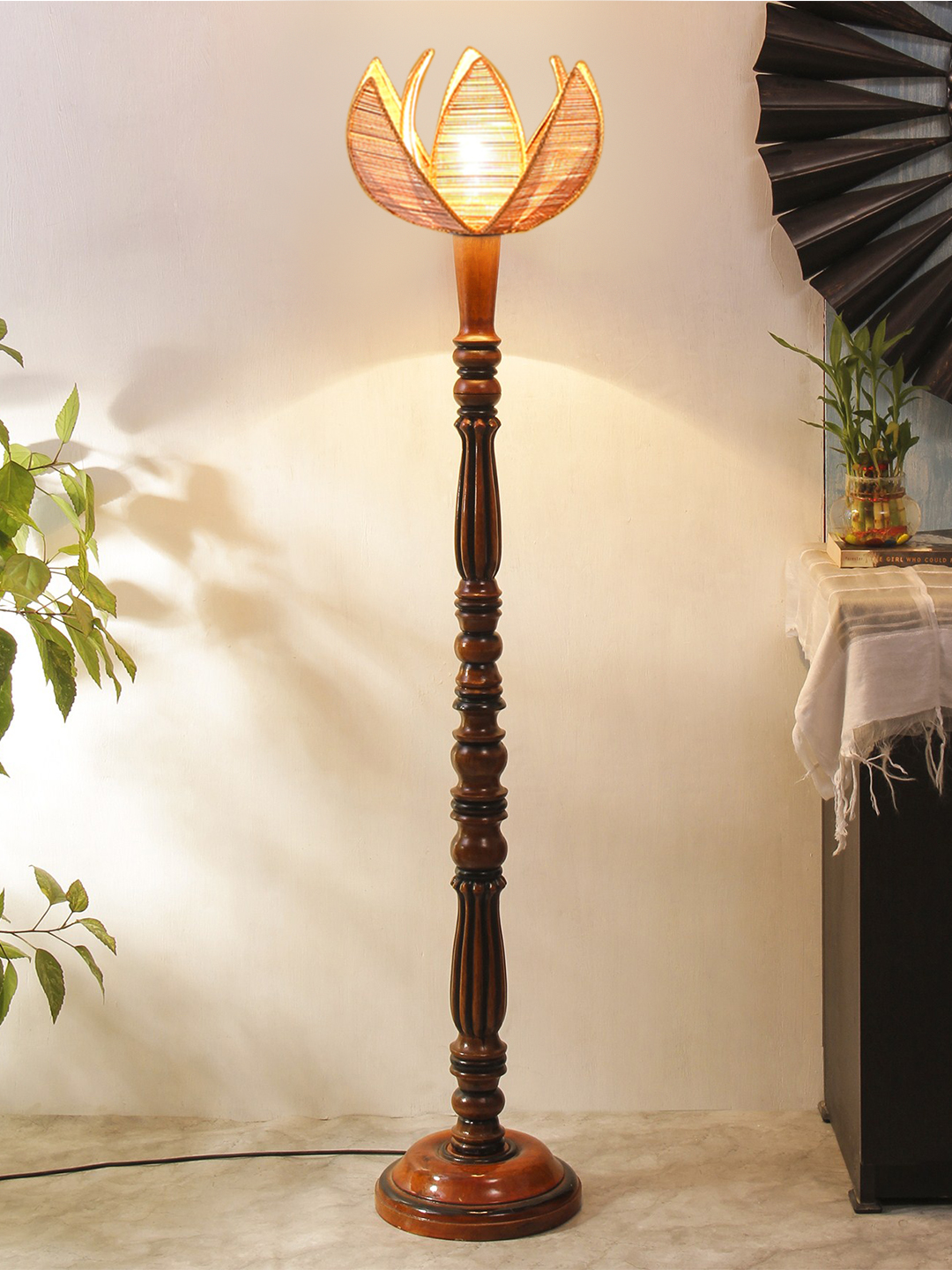Ambika Home Luxury Cross Rose Bamaboo Handcrafted Wooden Floor Lamp for Home Décor | Handcrafted Wood Floor Lamp with Beige Bamboo Shade for Living Room, Bedroom & Home Decor