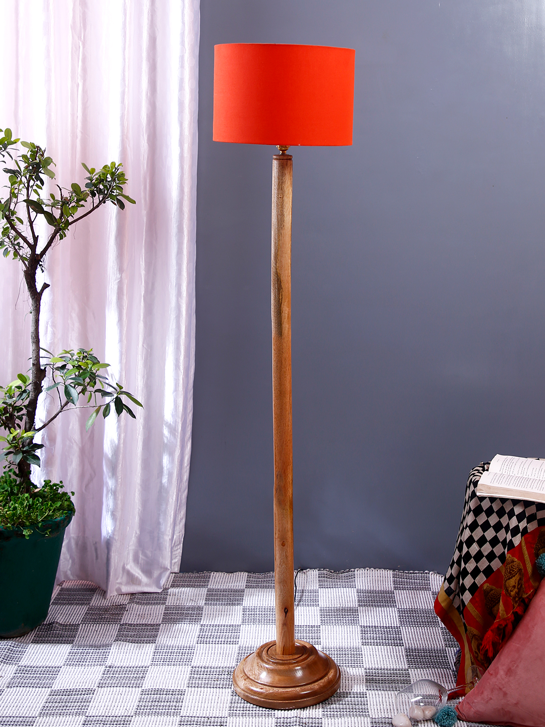 Ambika Home Orange Shade Wooden Floor Lamp for Living Room, Bedroom & Hallway | Premium Wood Standing Lamp | E27 Holder Included Bulb - Image 2