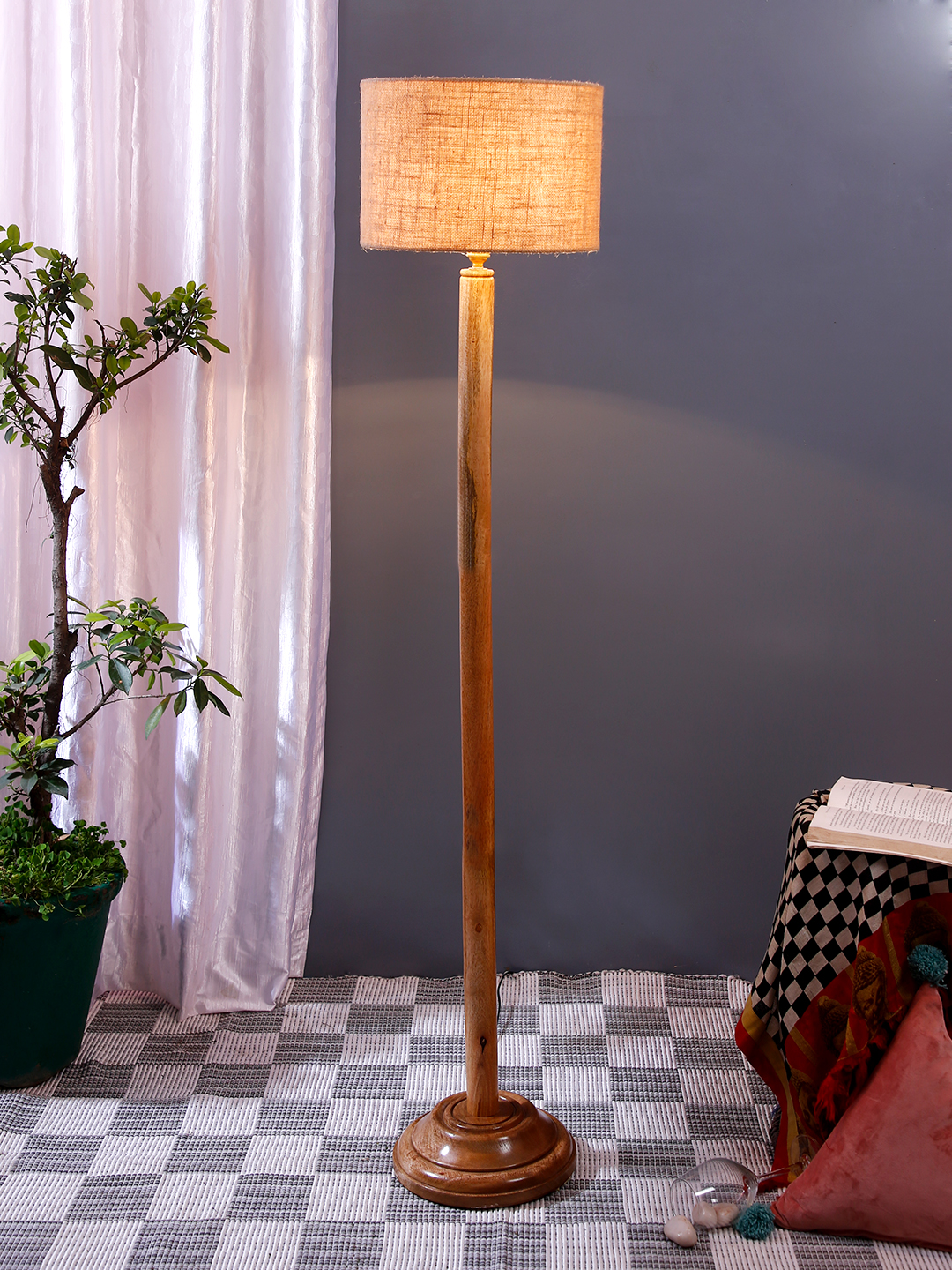 Ambika Home Beige Shade Wooden Floor Lamp for Living Room, Bedroom & Hallway | Premium Wood Standing Lamp | E27 Holder Included Bulb