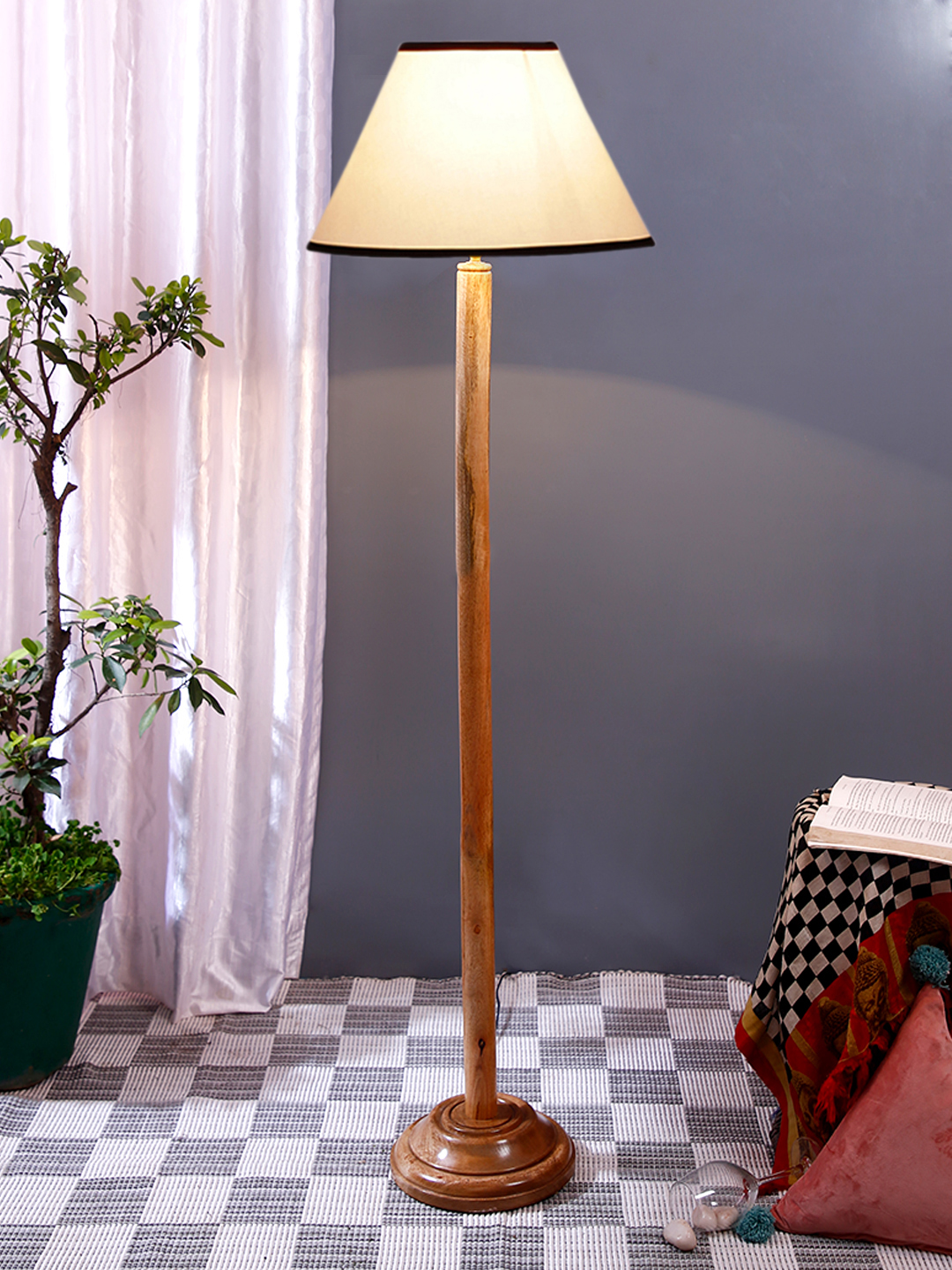 Ambika Home White Shade Wooden Floor Lamp for Living Room, Bedroom & Hallway | Premium Wood Standing Lamp | E27 Holder Included Bulb