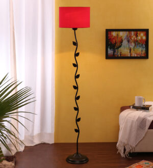 Ambika Home Iron Leaf Floor Lamp with Red Drum Shade, Powder Coated Metal Standing Lamp for Guest Room, Reading Corner & Luxury Interiors