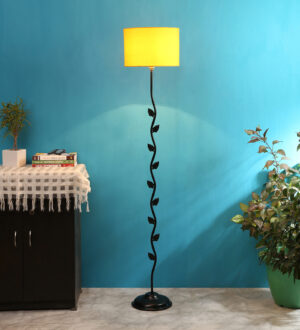 Ambika Home Iron Leaf Floor Lamp with Yellow Drum Shade, Powder Coated Metal Standing Lamp for Reading Corner, Bedroom & Luxury Interiors