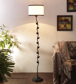 Ambika Home Iron Leaf Floor Lamp with White & Black Drum Shade, Powder Coated Metal Standing Lamp for Bedroom, Guest Room & Luxury Interiors