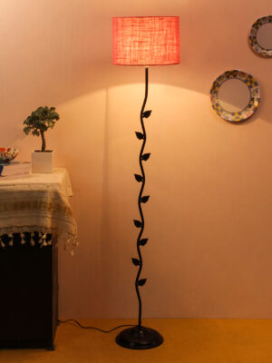 Ambika Home Iron Leaf Floor Lamp with Pink Jute Drum Shade, Powder Coated Metal Standing Lamp for Hotel Lobby, Living Room & Luxury Interiors