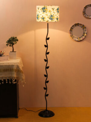 Ambika Home Iron Leaf Floor Lamp with Printed Cotton Drum Shade, Powder Coated Metal Standing Lamp for Bedroom, Guest Room & Luxury Interiors