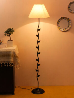 Ambika Home Iron Leaf Floor Lamp with off white Conical Shade, Powder Coated Metal Standing Lamp for Hotel Lobby, Living Room & Luxury Interiors