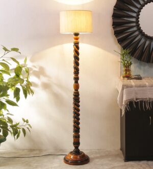 Ambika Home Royal Twist White Shade Wooden Floor Lamp for Living Room, Bedroom, Hallway, Guest Room & Hotel Decor | Handcrafted Standing Lamp with E27 Holder
